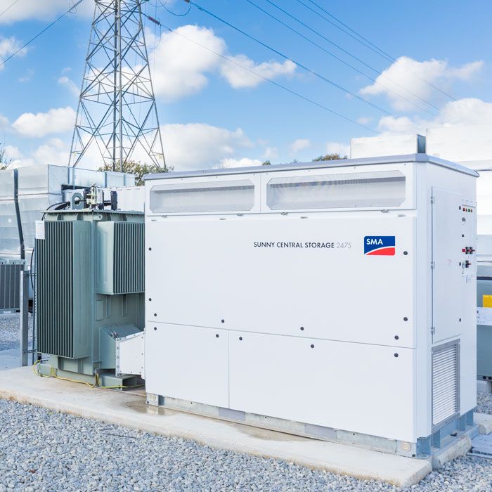 Industrial photography of an SMA Sunny Central Storage 2475 unit at a UK battery storage site.
