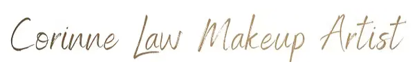 Corinne Law Makeup Artist logo in elegant gold cursive script font on a white background.