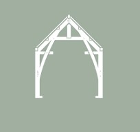 White silhouette of a timber frame pergola or gateway structure on a sage green background.