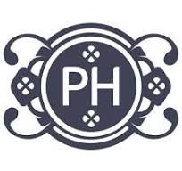 Elegant circular logo featuring PH monogram initials with ornate decorative flourishes in dark navy blue.