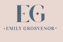 Emily Grosvenor brand logo featuring elegant EG monogram initials in slate blue on a soft blush pink background.