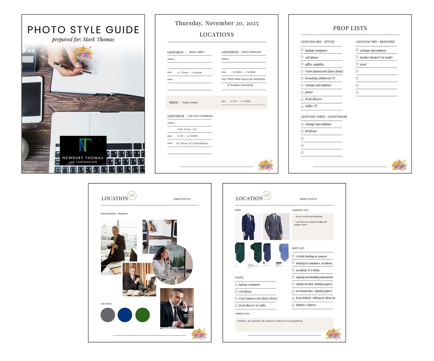 A collection of photo style guide document pages with brand guidelines and photography examples laid out in white pages.