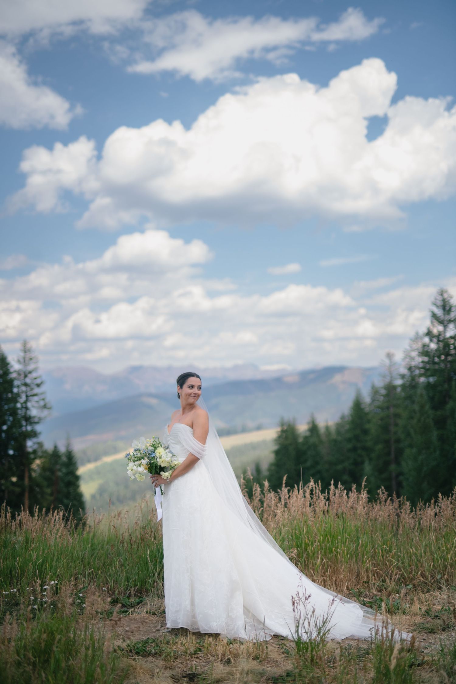 Wedding portraits in a scenic mountain setting with blue skies and summer clouds.