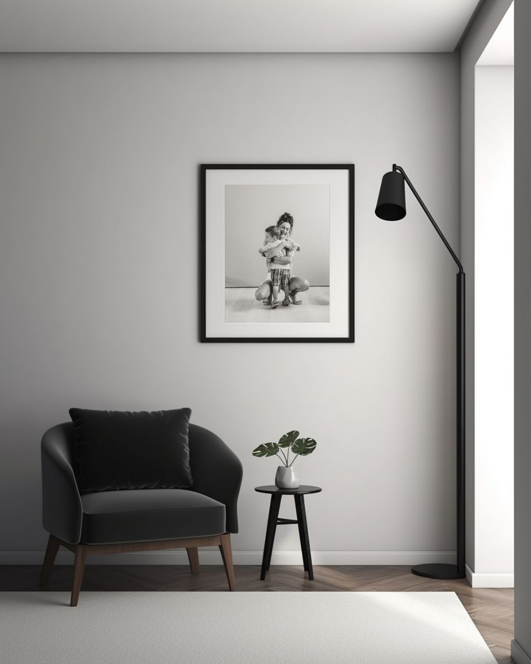 Minimalist interior design series showing a black loveseat, floor lamp, and framed artwork in a bright white room.