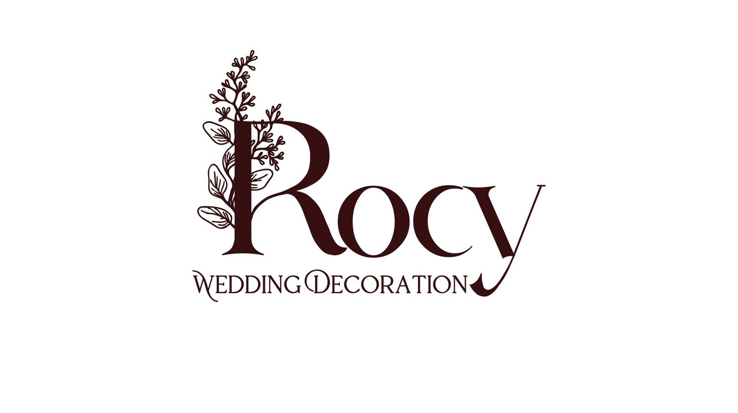 Brown wedding decoration logo design featuring the word 'Rocy' with an elegant tree motif integrated into the letter R.
