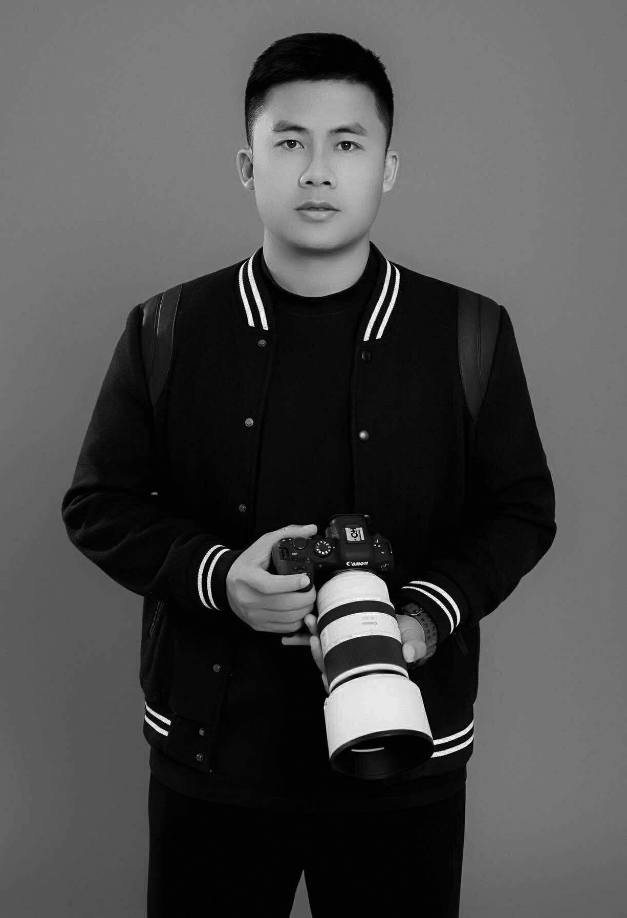 Black and white sequence of photos showing person in varsity jacket holding professional camera equipment.