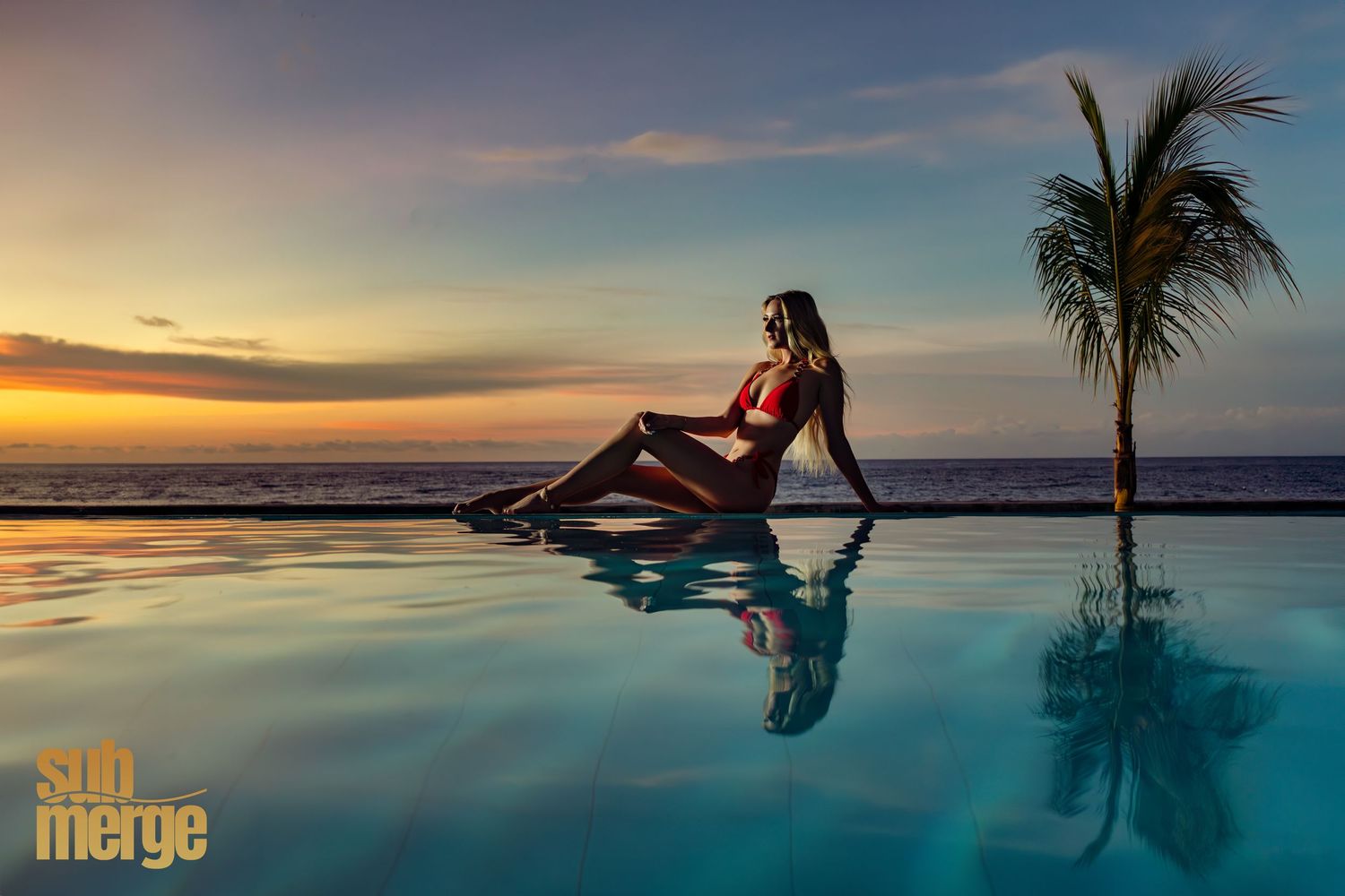 Silhouette lounging by infinity pool at sunset with palm tree and ocean view in tropical paradise.
