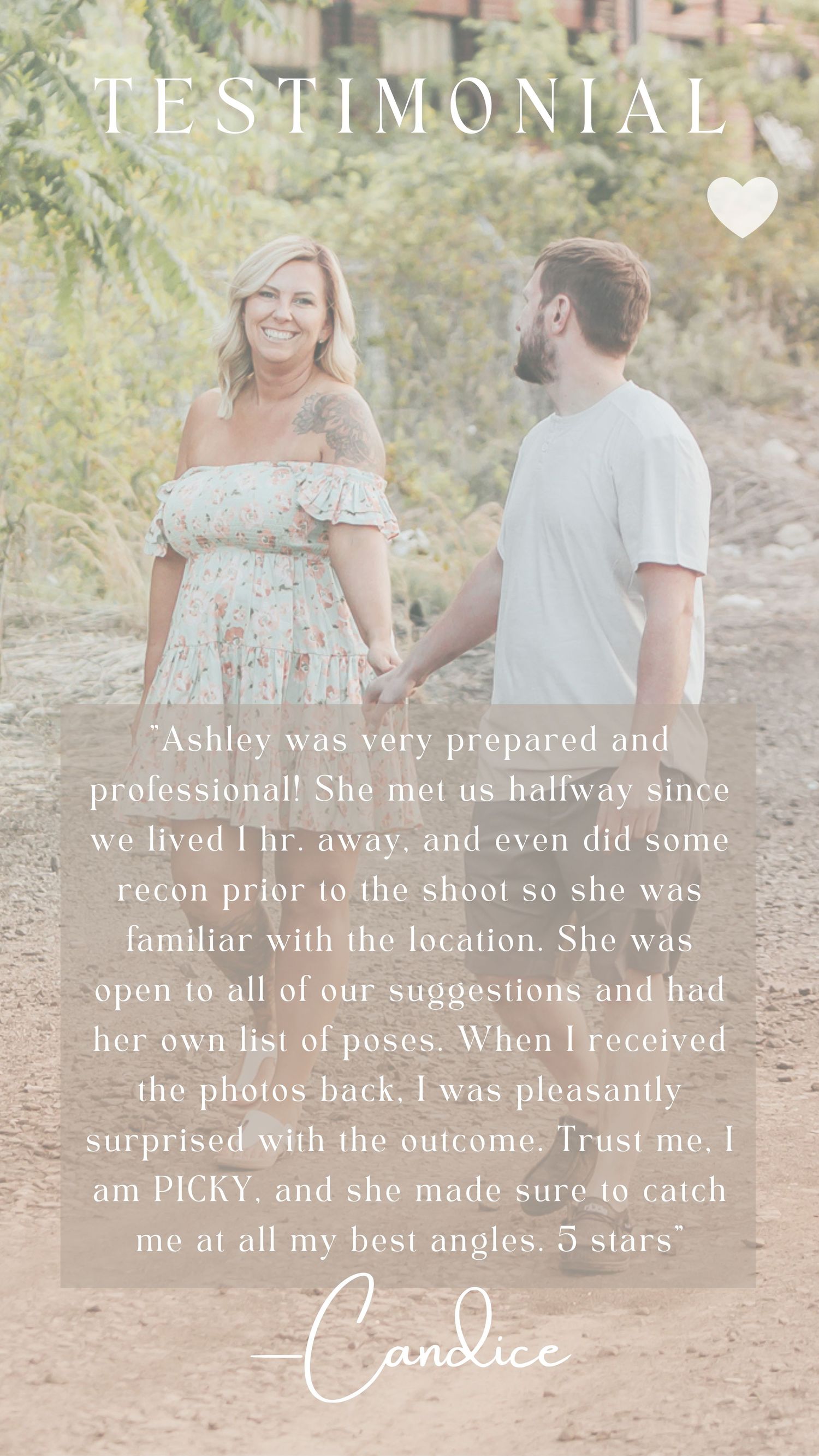 Testimonial design featuring positive review text overlaid on outdoor couple portrait.