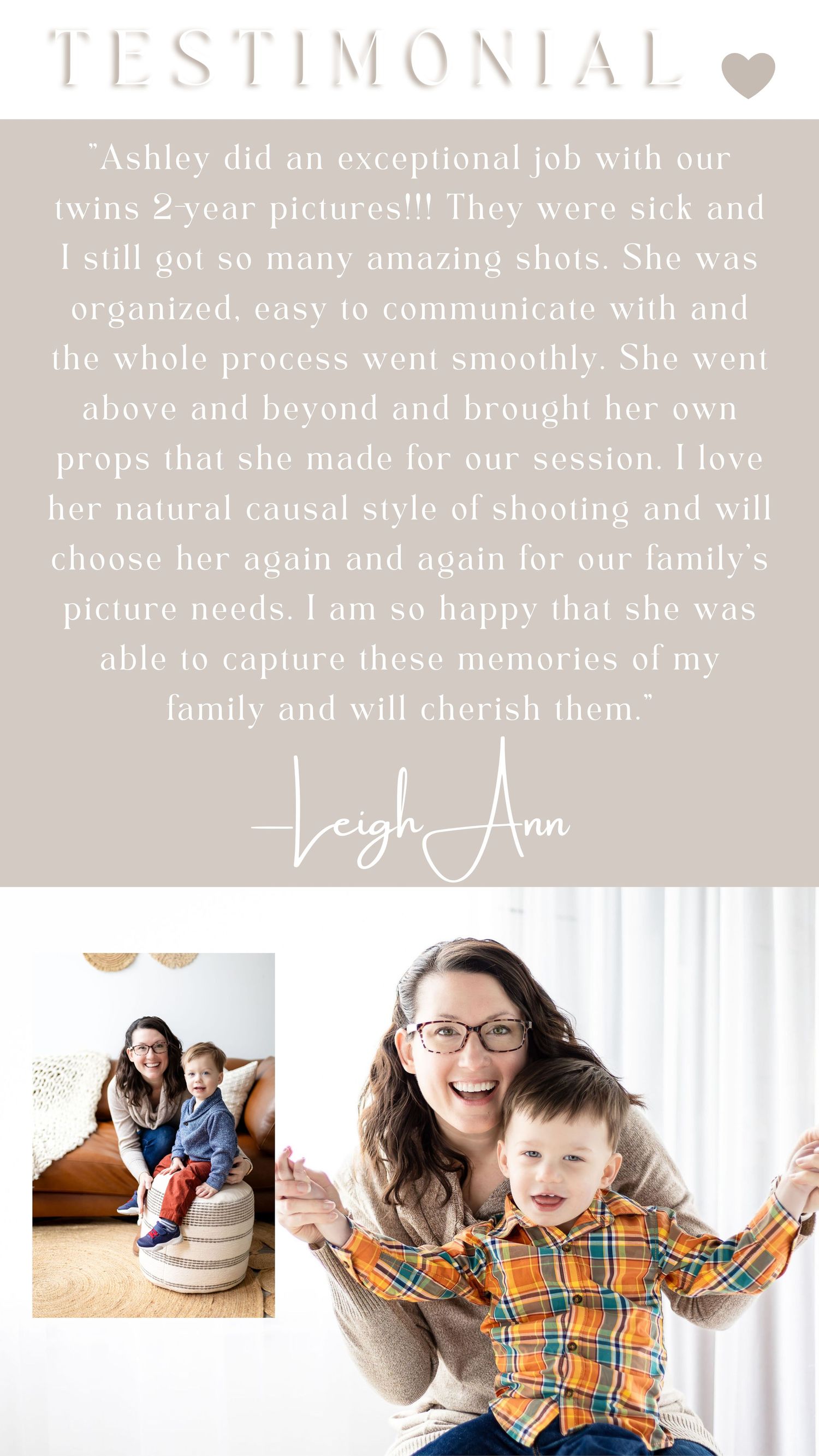 Customer testimonial card with glowing review of family photography session.