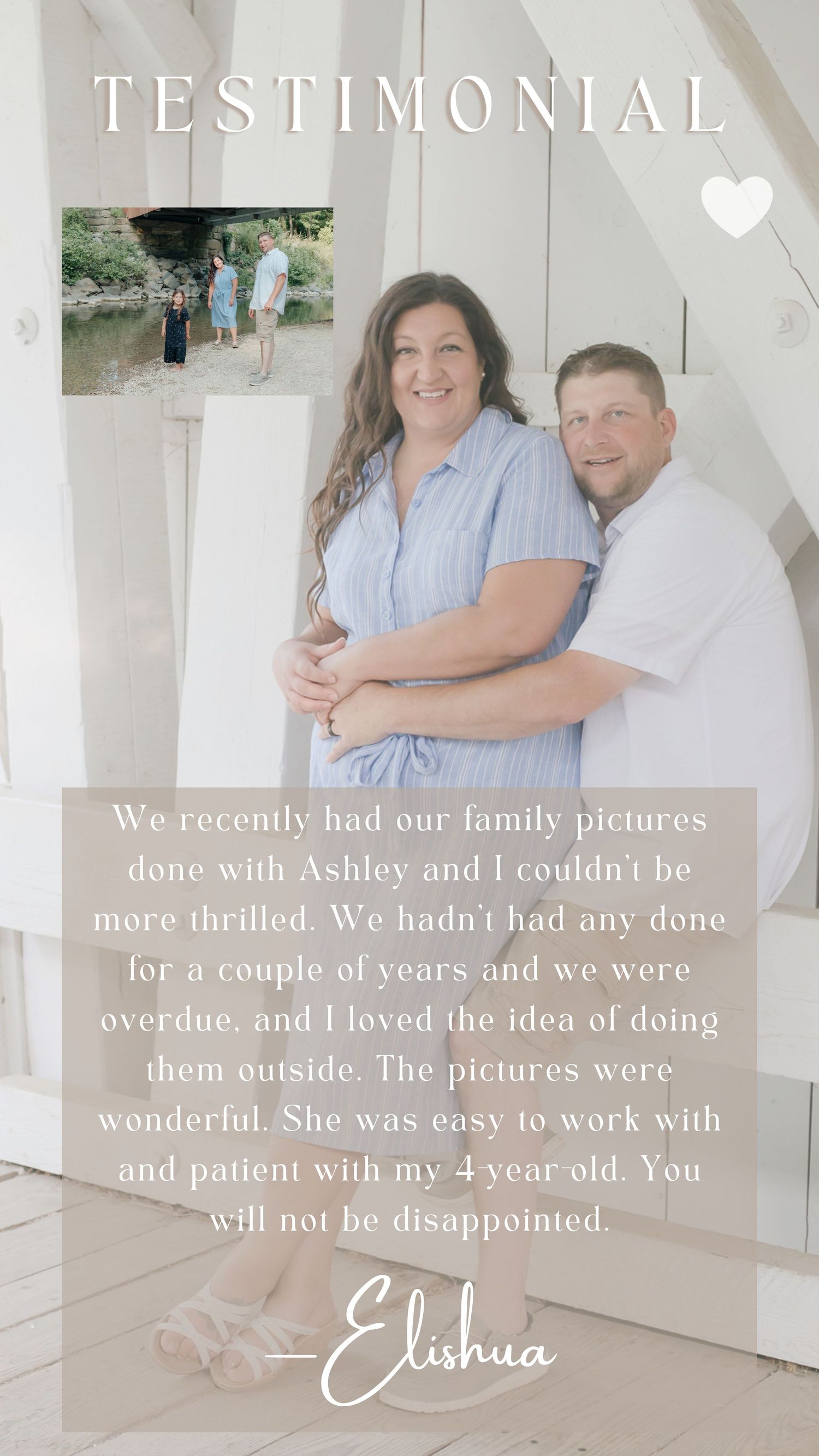 Photography testimonial featuring heartfelt review about family portrait session experience.