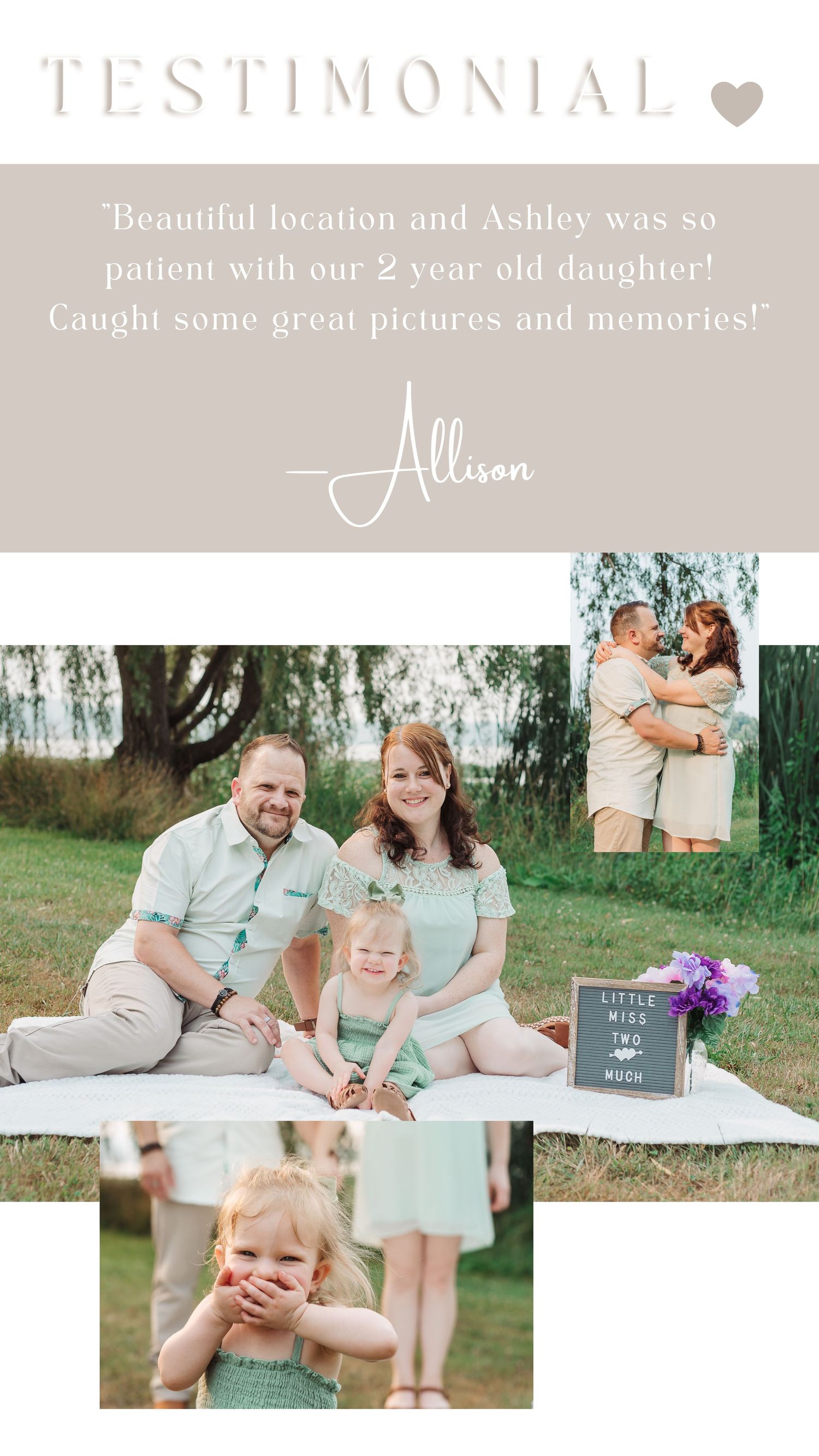 Client testimonial with family portrait samples showing outdoor photography session.