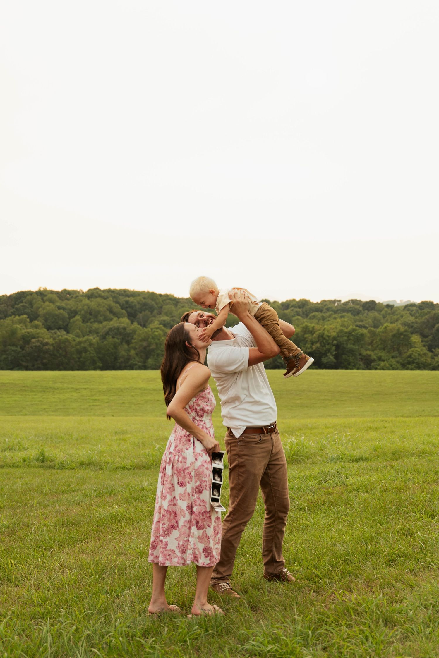 A young family stands in a green meadow, father lifting baby while mother looks on, trees in background.
