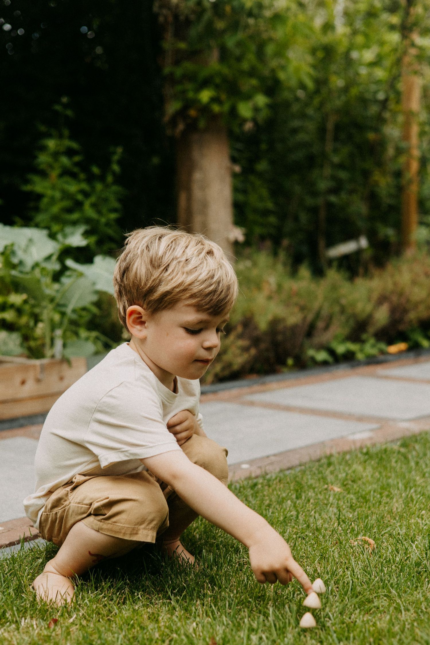 Young blonde boy crouching on green grass in a garden, carefully placing small white objects on the lawn.