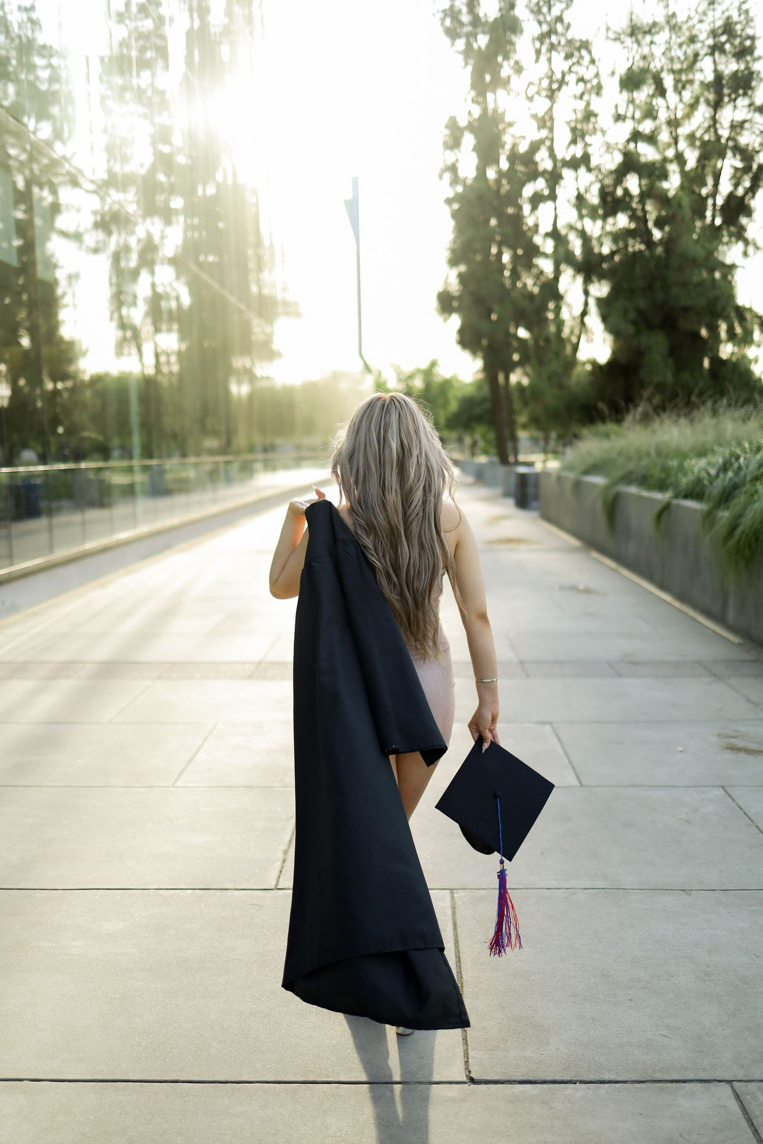 A sequence of photos showing a person walking away on a sunlit concrete path.