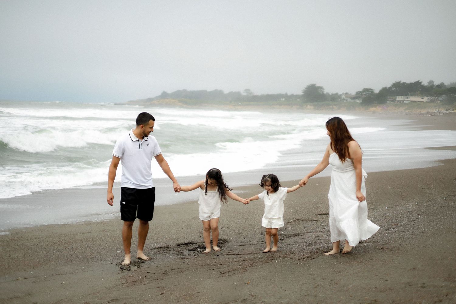 A series of beach photos showing people walking together along the shoreline at sunset with waves crashing nearby.