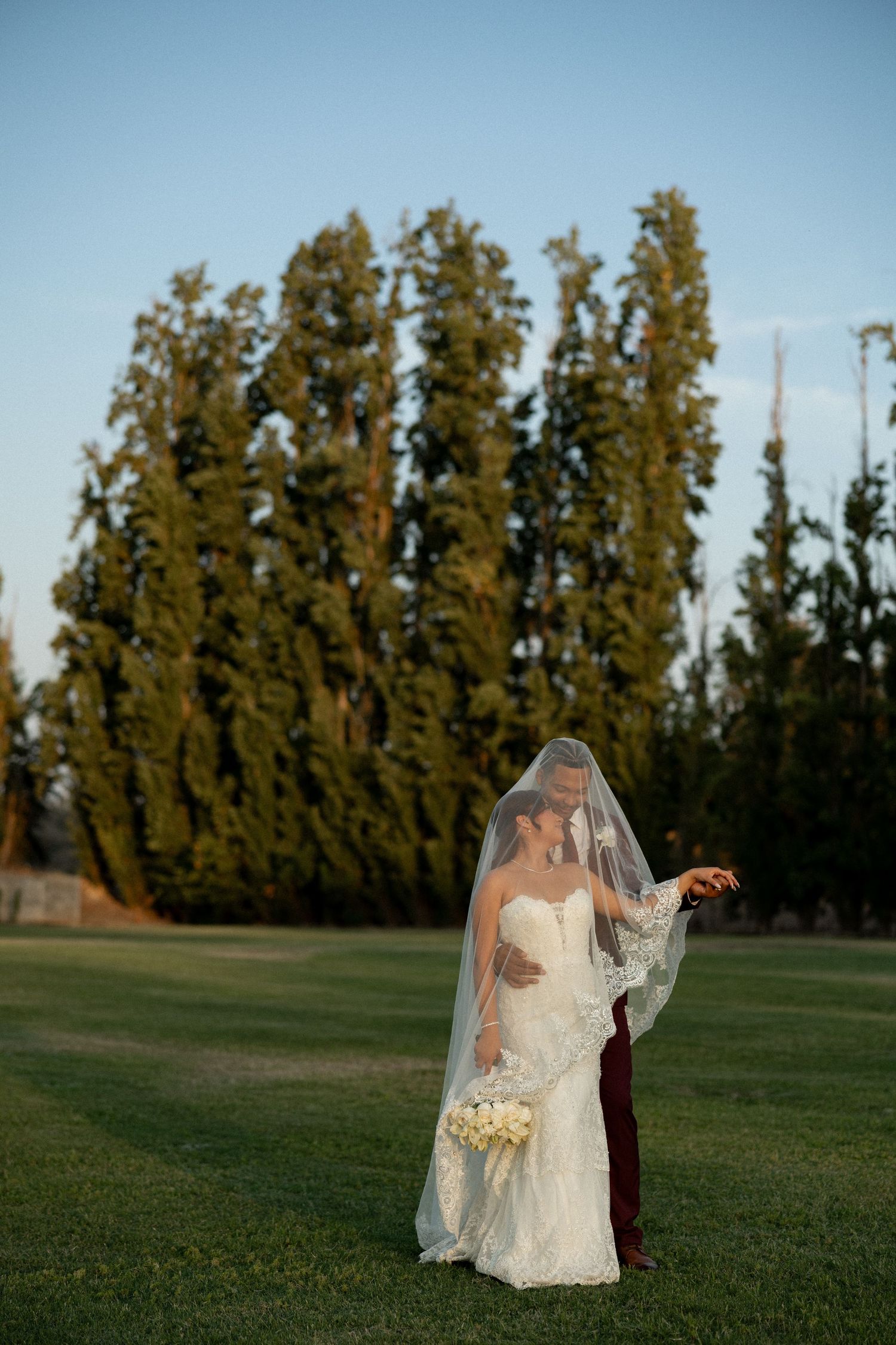 Bride and groom embrace under flowing veil on green lawn with tall cypress trees at sunset.