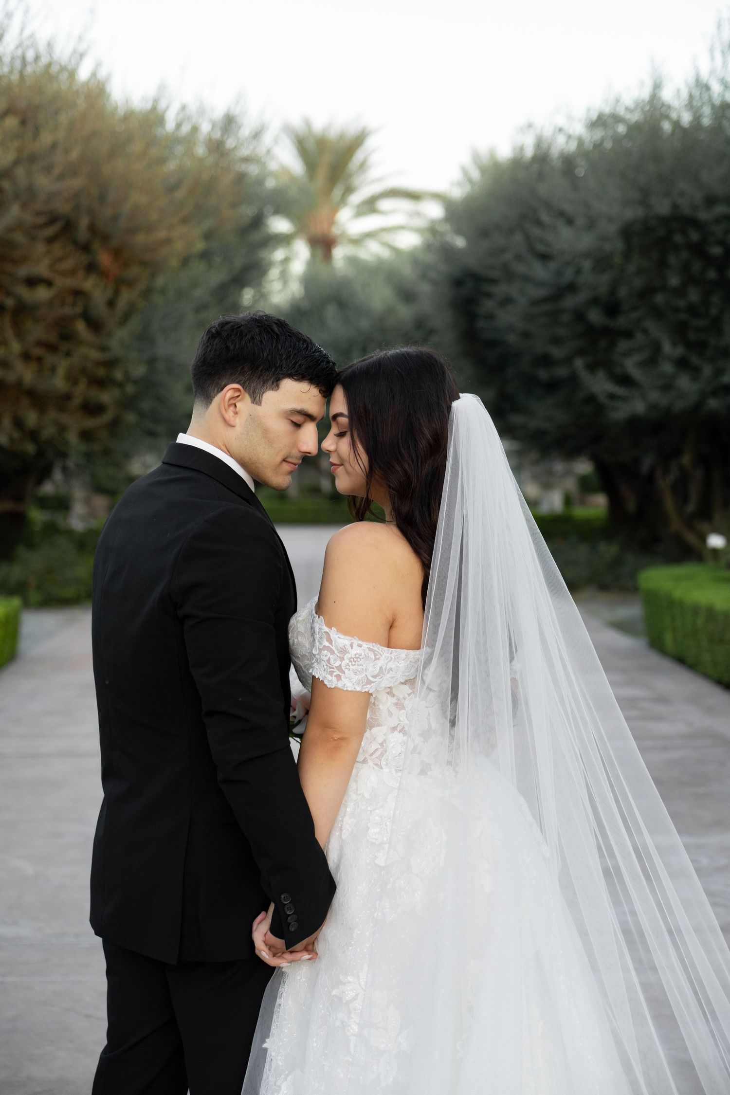Romantic wedding couple poses along tree-lined path with flowing white veil and formal attire.