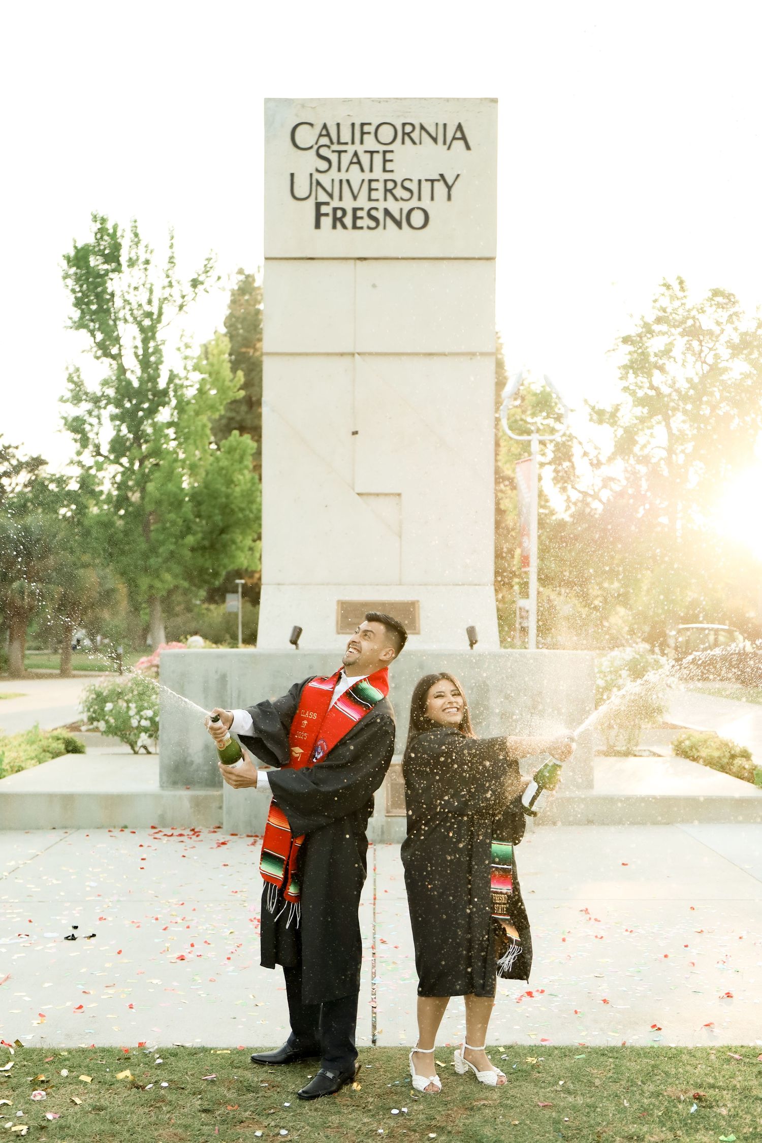 Graduation celebration sequence showing joyful moments and confetti throwing at California State University Fresno campus.