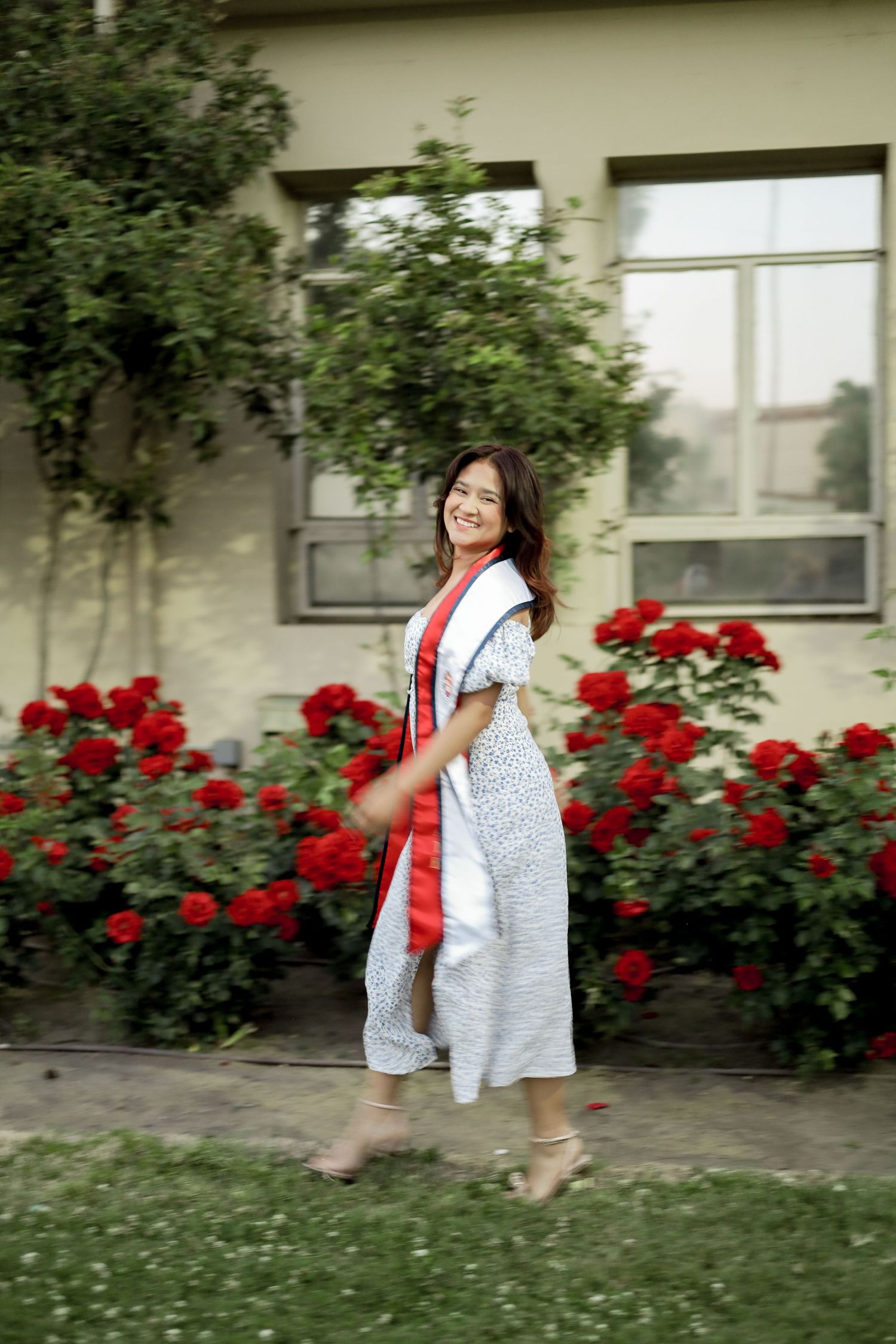 A sequence of motion shots showing someone twirling joyfully in a white dress against a backdrop of vibrant red roses.