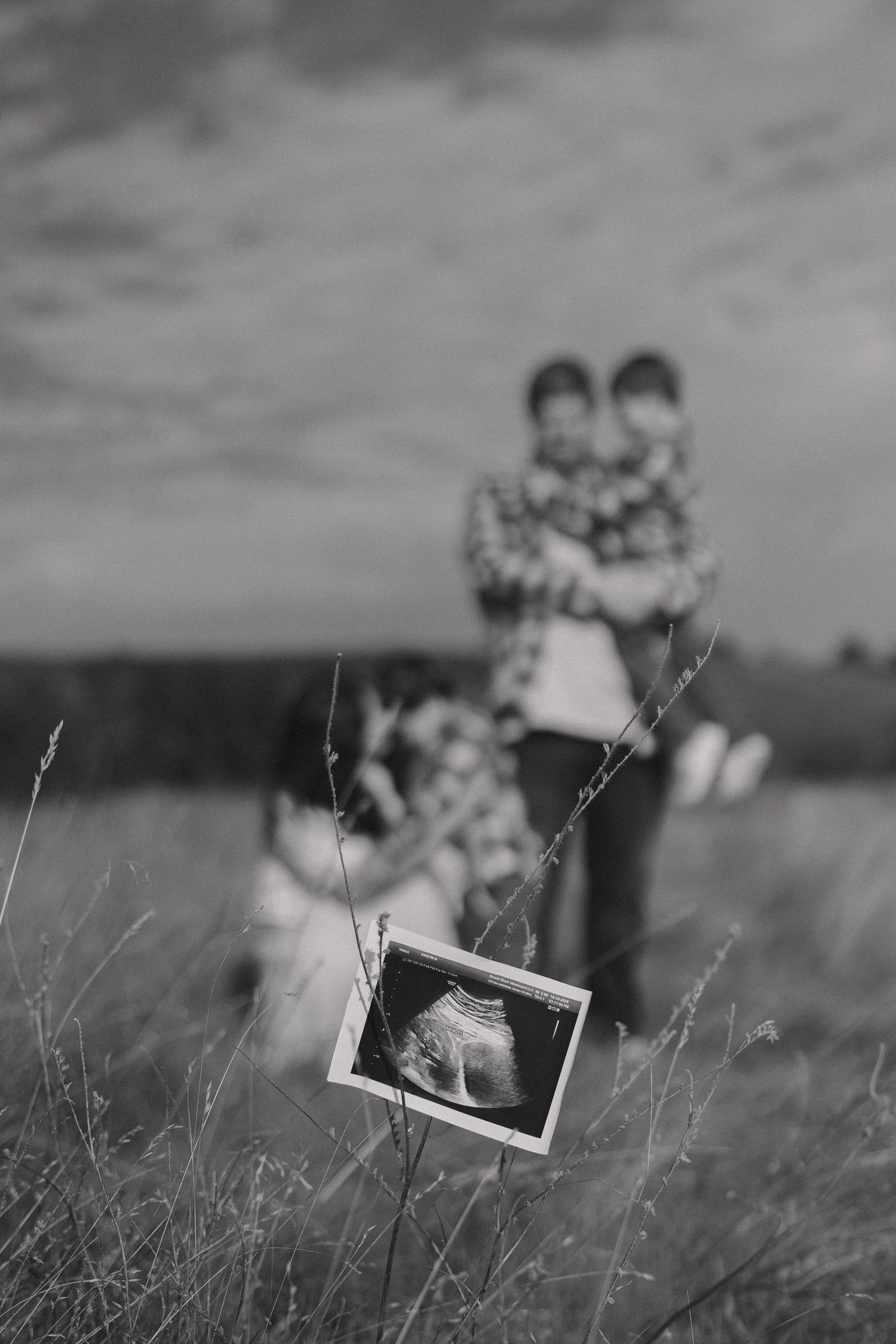Black and white photograph of polaroid photos scattered in tall grass.