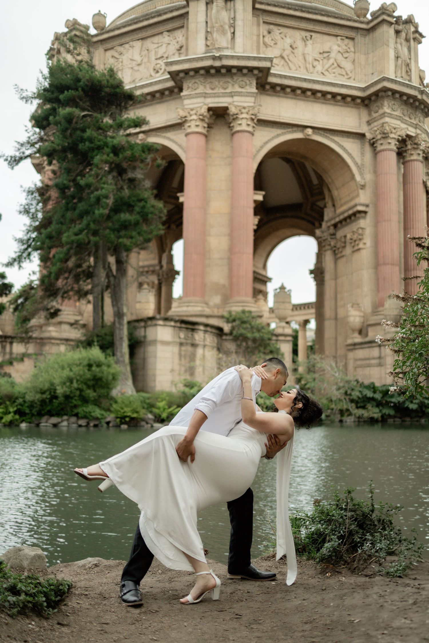 Romantic couple photos in sequence at Palace of Fine Arts in San Francisco showing intimate dips and poses.
