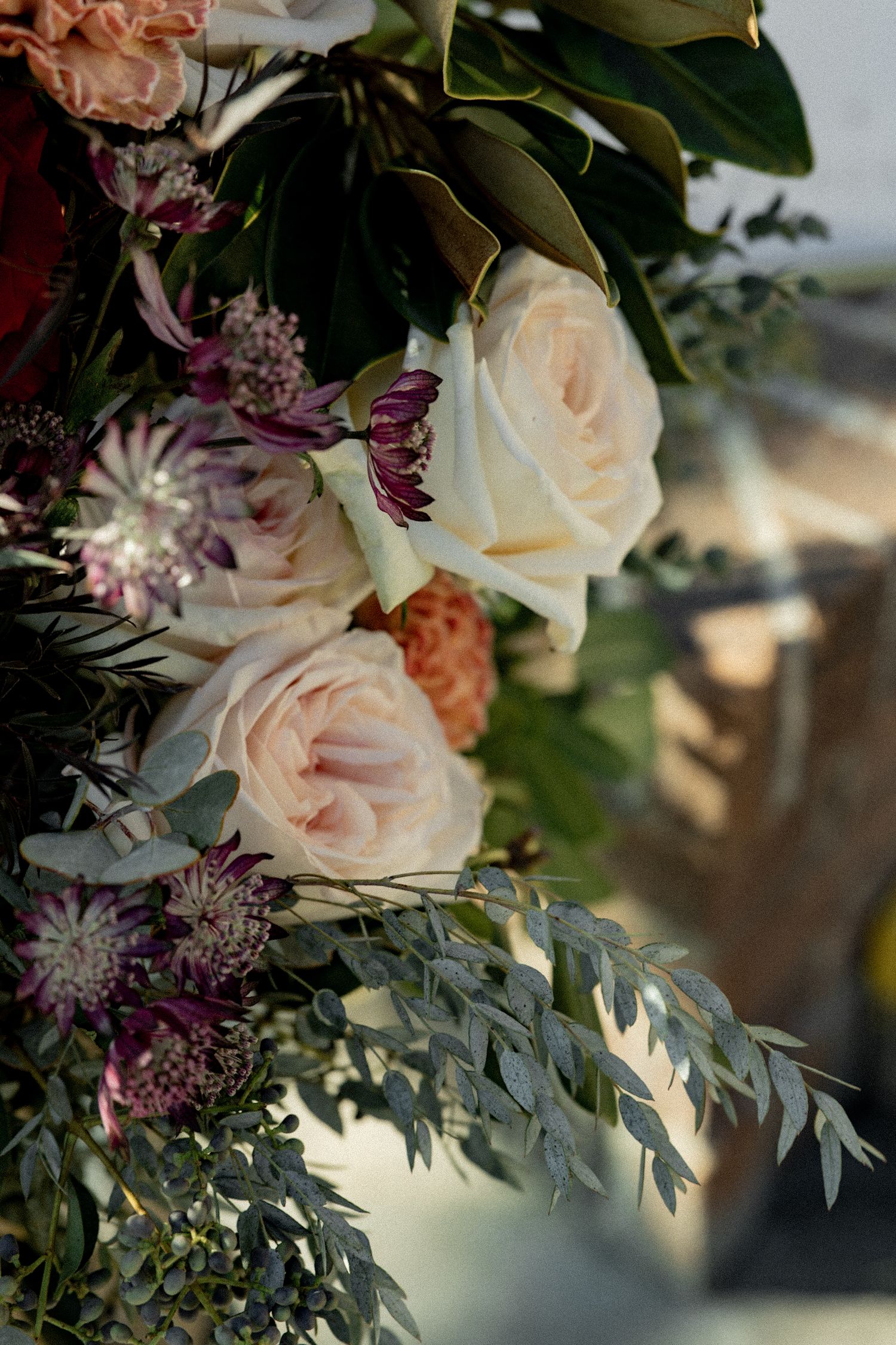 Lush wedding bouquet featuring blush roses, burgundy dahlias, purple astrantia, and eucalyptus greenery.