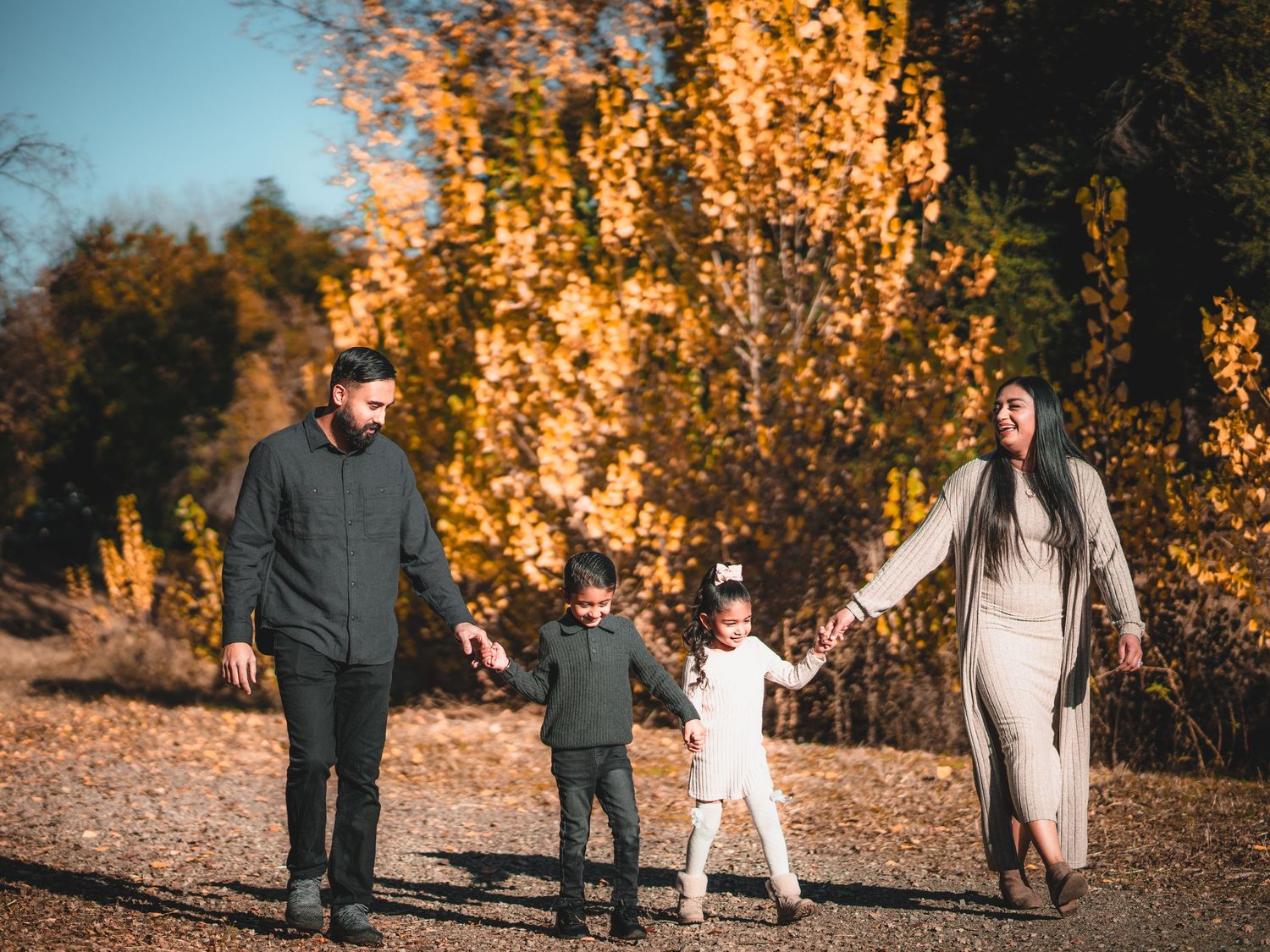 Family enjoying a casual stroll through a park with golden autumn trees.