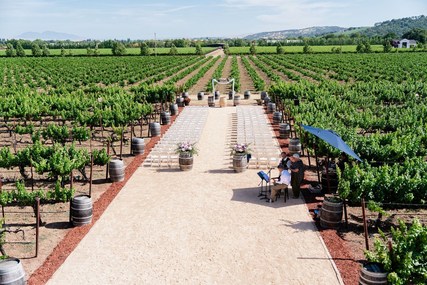 Long pathway through vineyard rows leads to wedding ceremony setup.