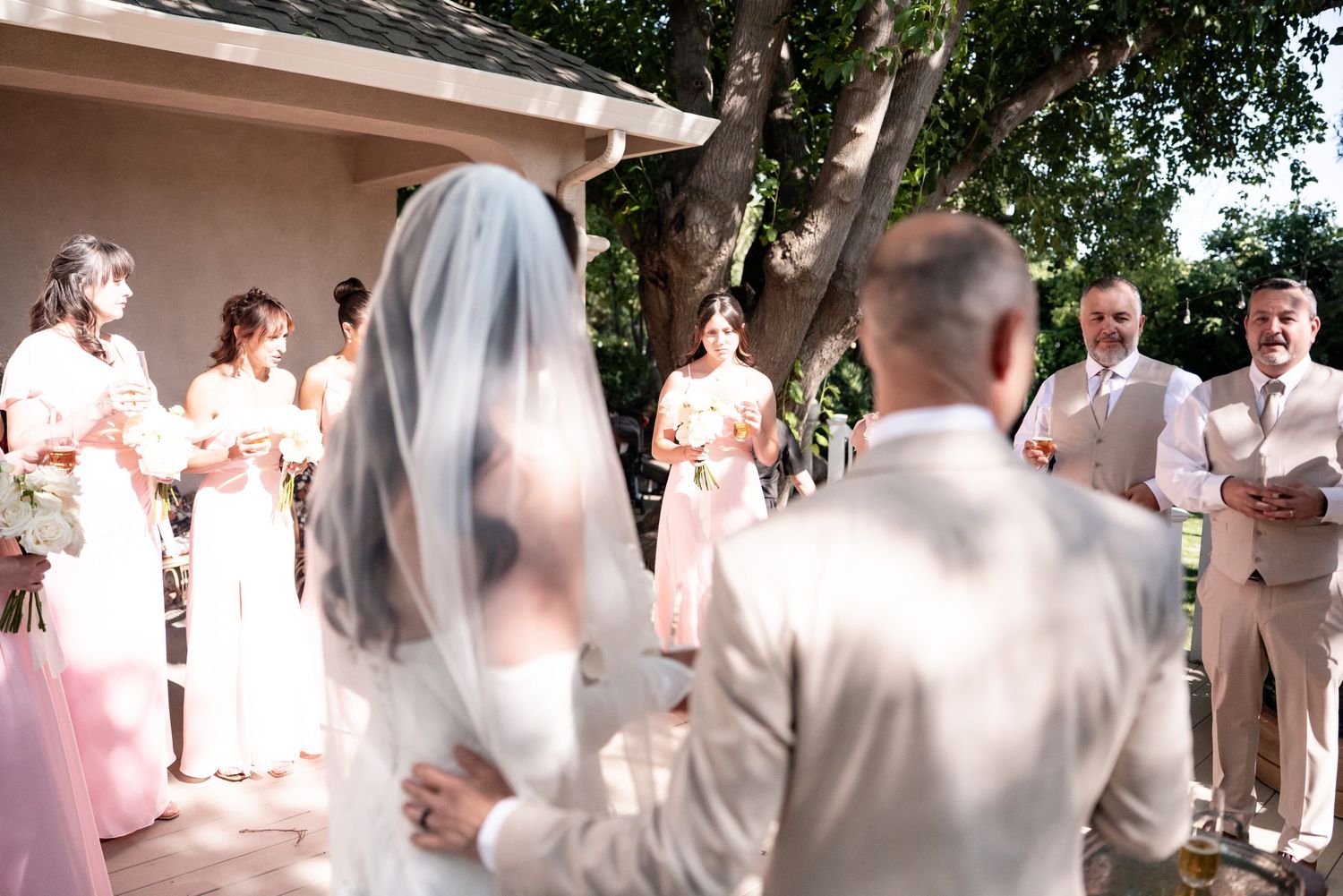 Bride in white gown and veil stands at outdoor wedding ceremony with bridesmaids in pink dresses and guests.