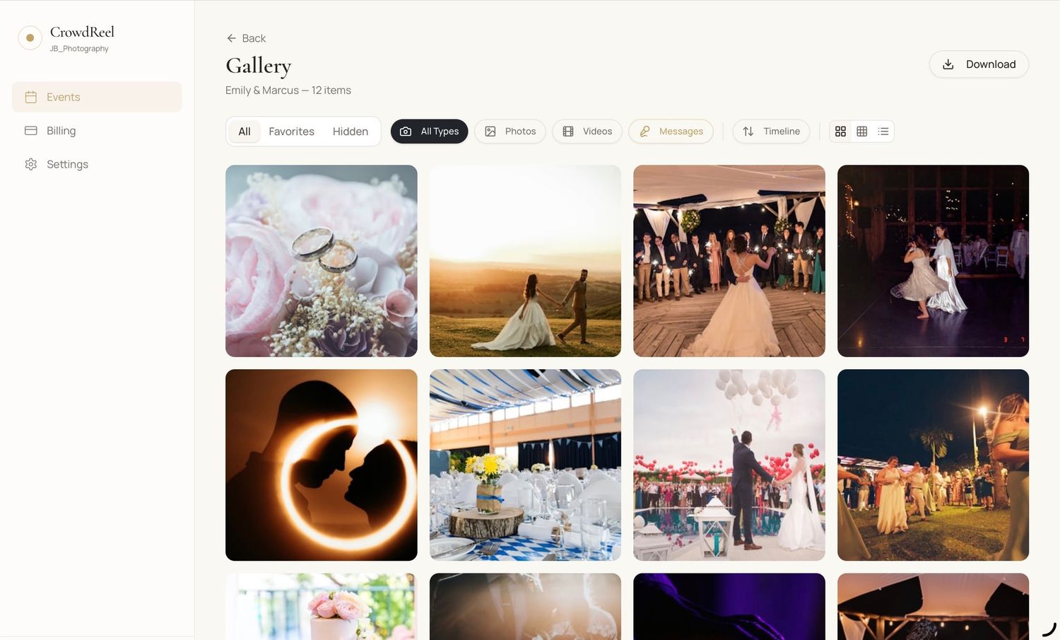 A wedding photo gallery showcasing ceremonies, receptions, and celebrations with elegant details and vibrant event photography.