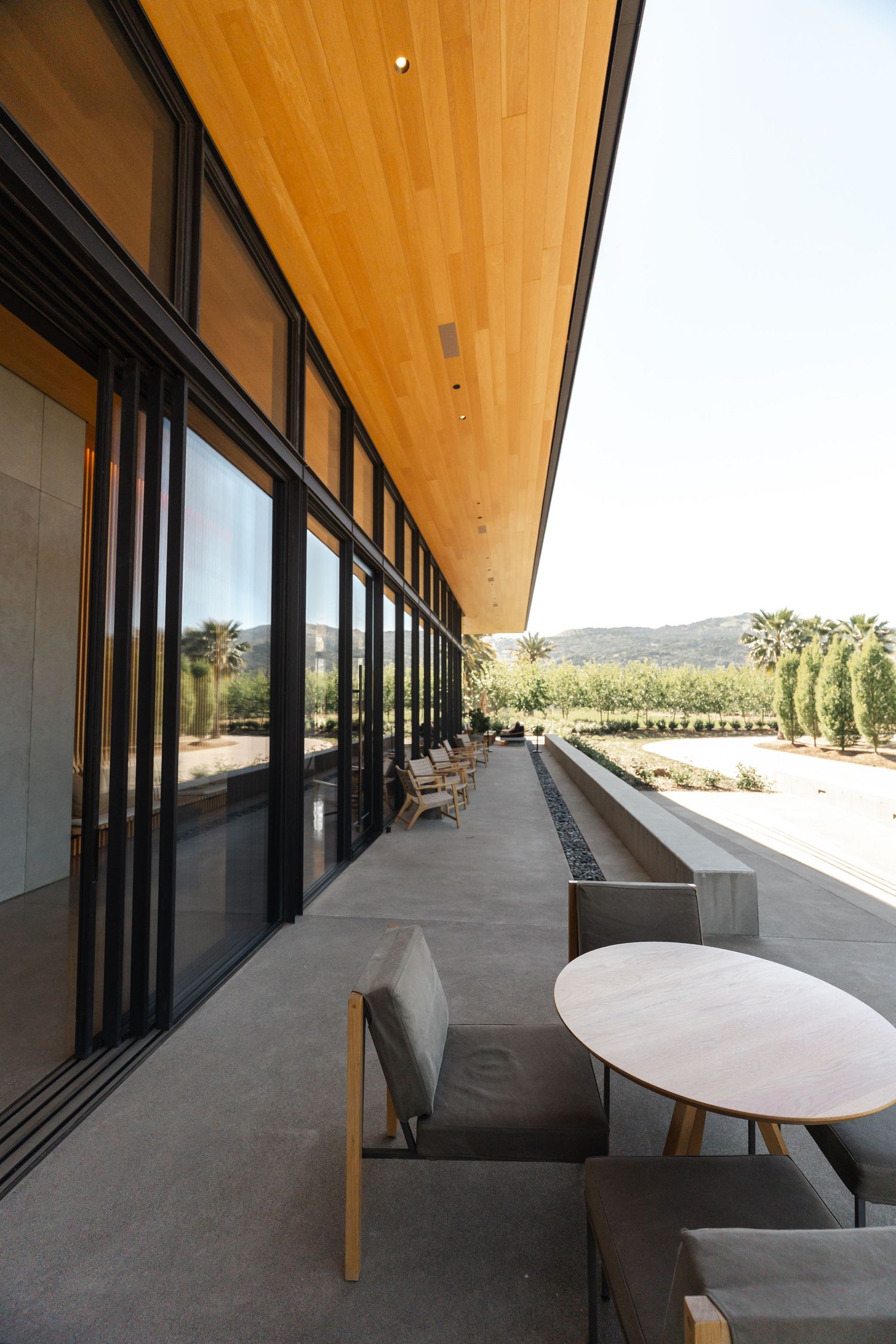 Modern building exterior with wood ceiling and glass walls along a covered walkway.