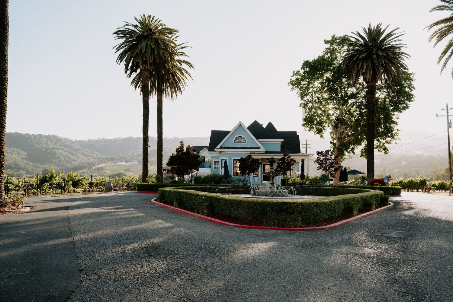 Historic blue Victorian house with palm trees and mountain backdrop at sunset.