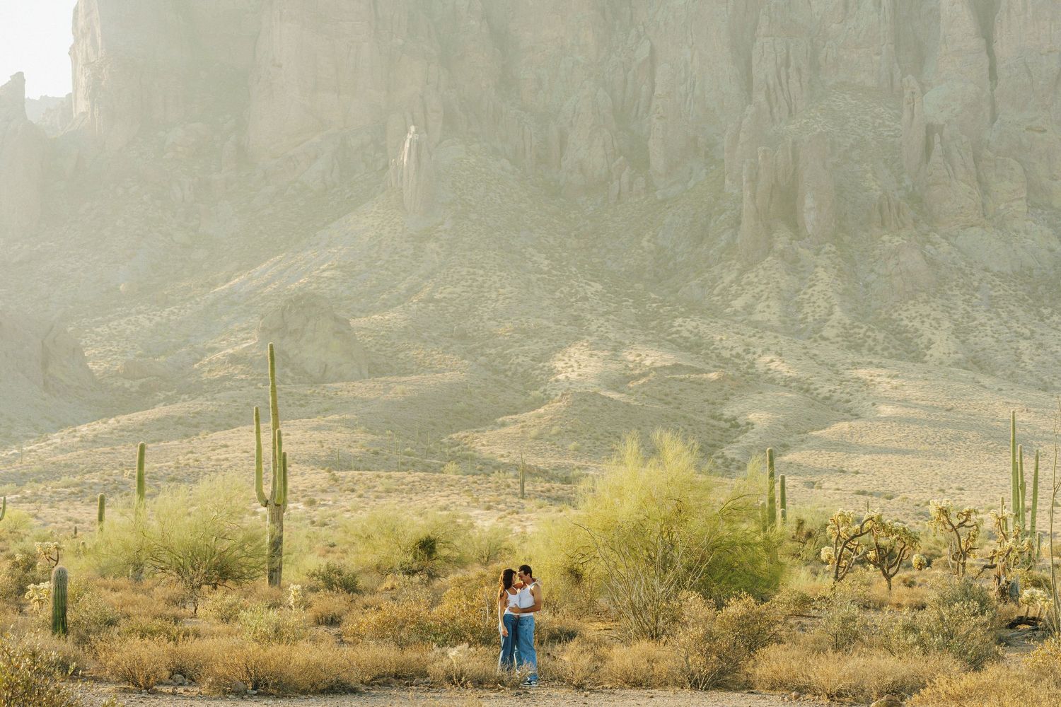Couple embracing in the Sonoran Desert with towering saguaro cacti and dramatic rocky mountains in the misty background.