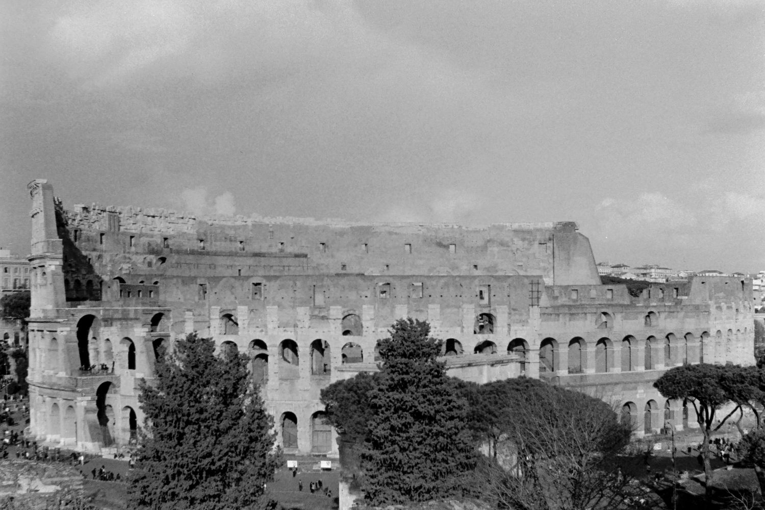 Black and white aerial view of the ancient Roman Colosseum in Rome, Italy, surrounded by trees under cloudy skies.