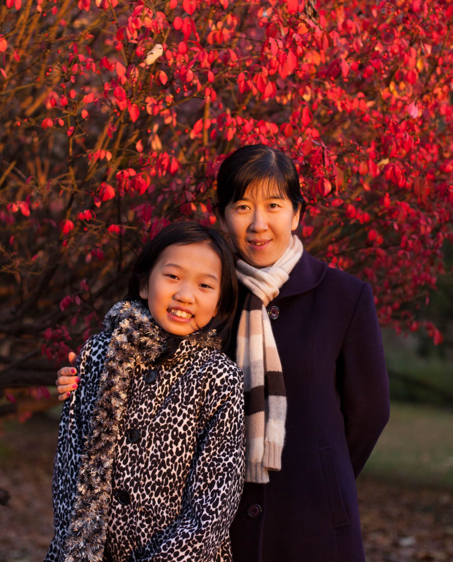 Mother and daughter leaning together in front of a red bush tree in autumn, illuminated by golden sunset light, captured by George Guo Photo
