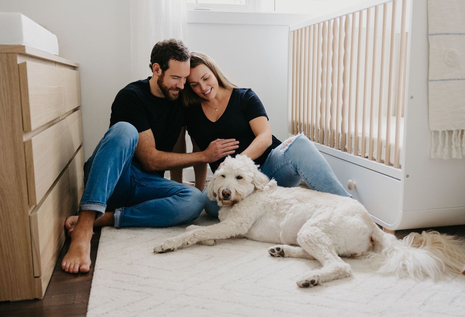 maternity photoshoot captured in home with dog