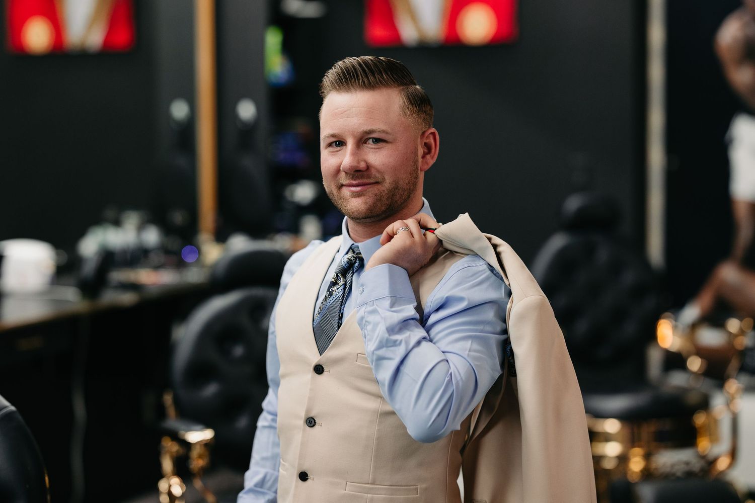 personal branding session in barber shop in Edmonton captured by Marcu fotography