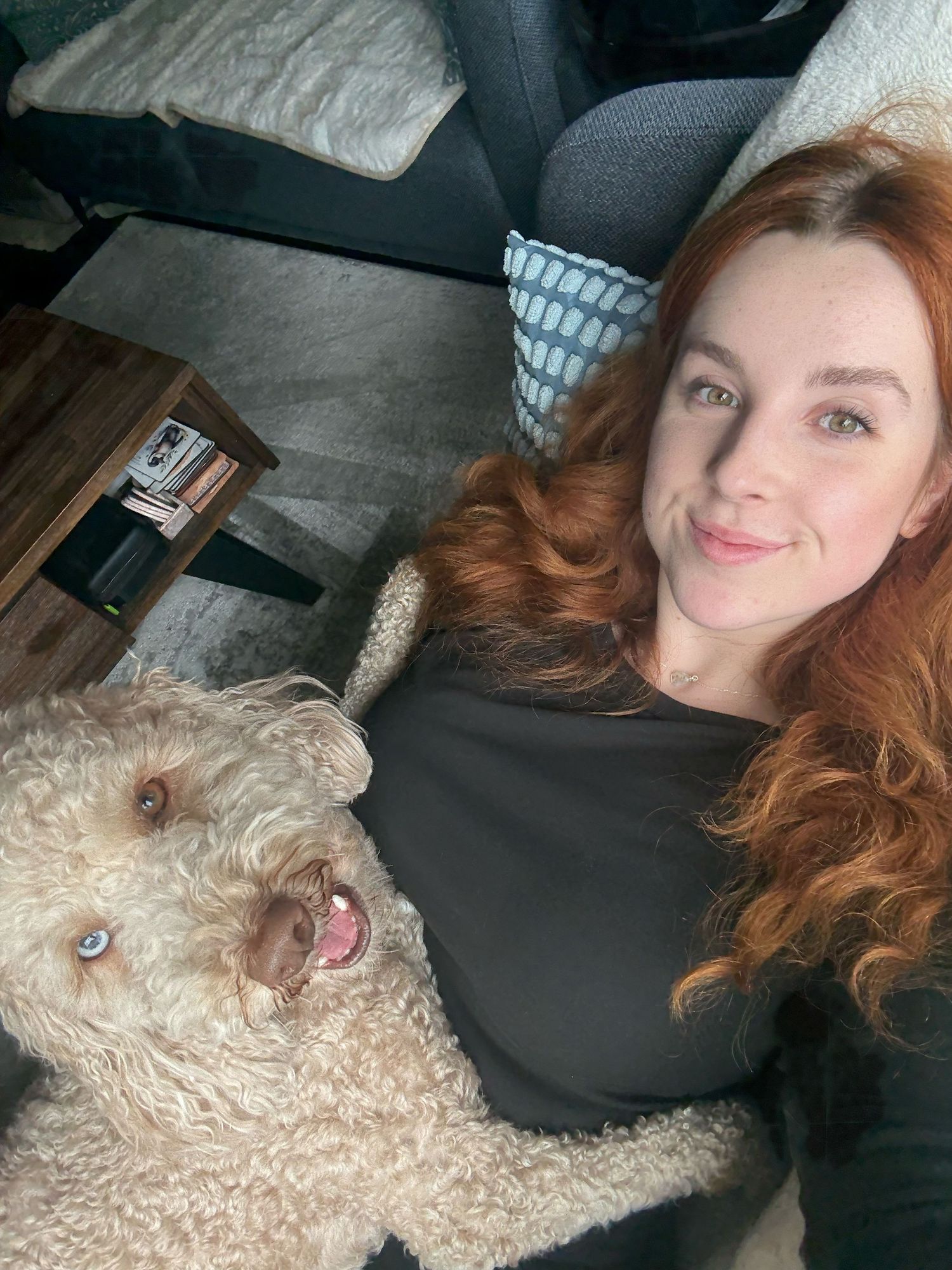 selfie with woman and golden doodle