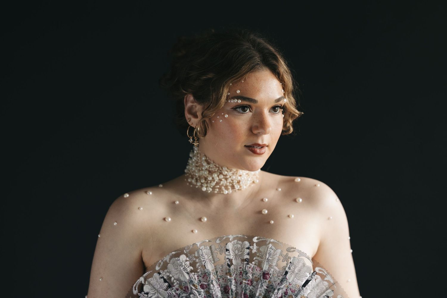 editorial portrait of model with pearls