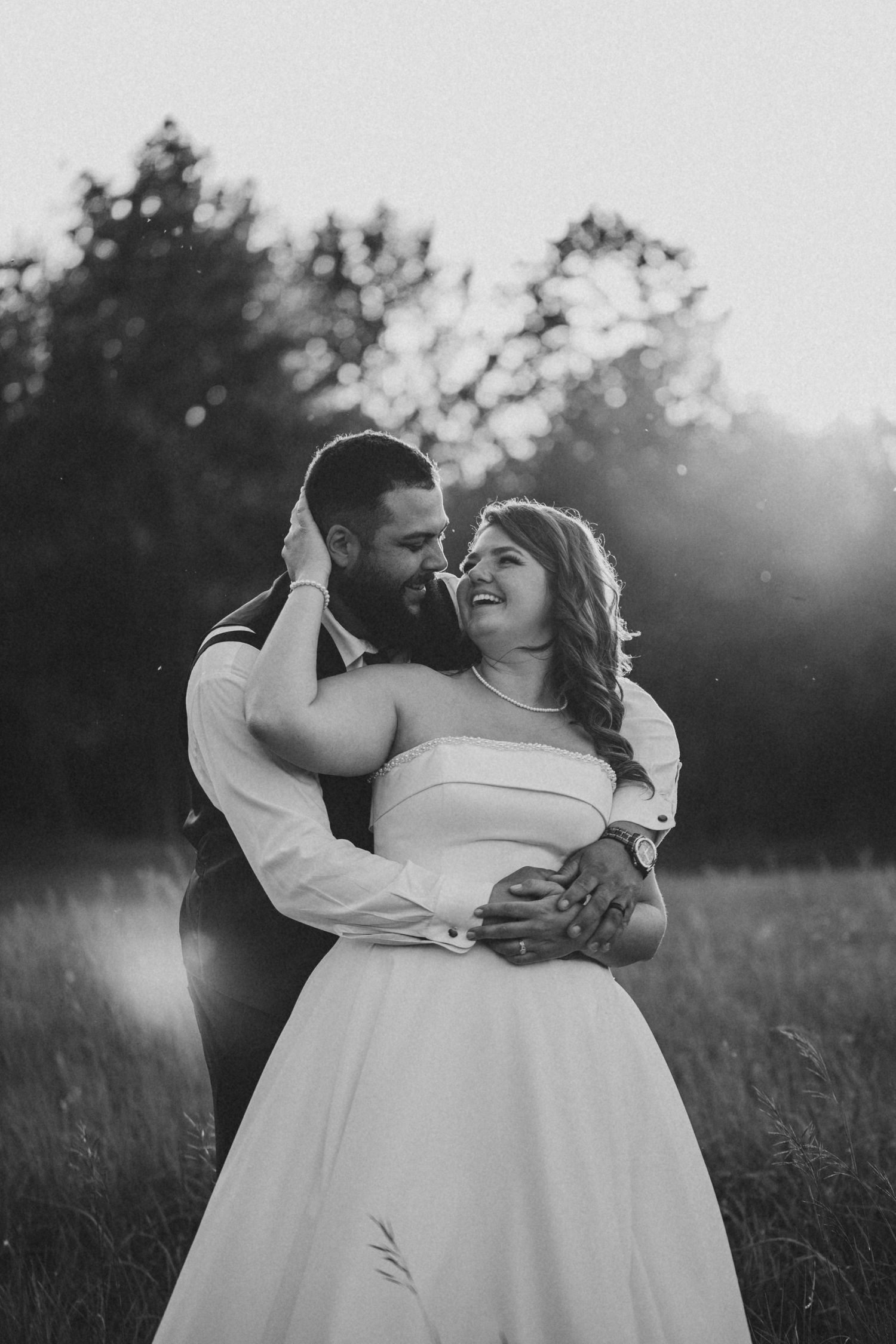 sunset black and white wedding couple portrait