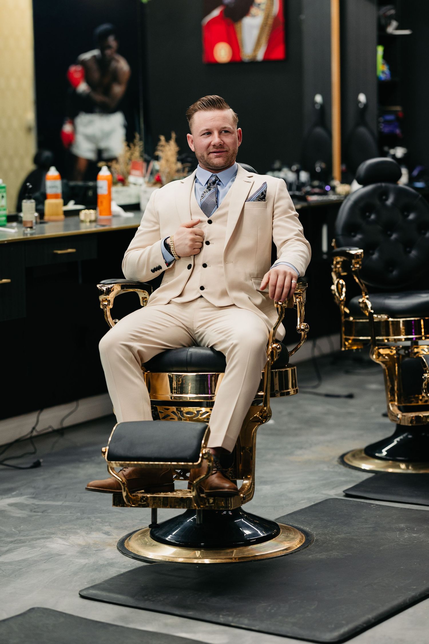 personal branding session in barber shop in Edmonton captured by Marcu fotography