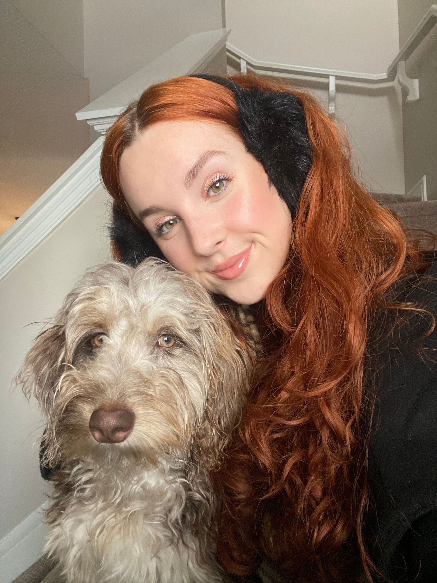 selfie with woman and golden doodle