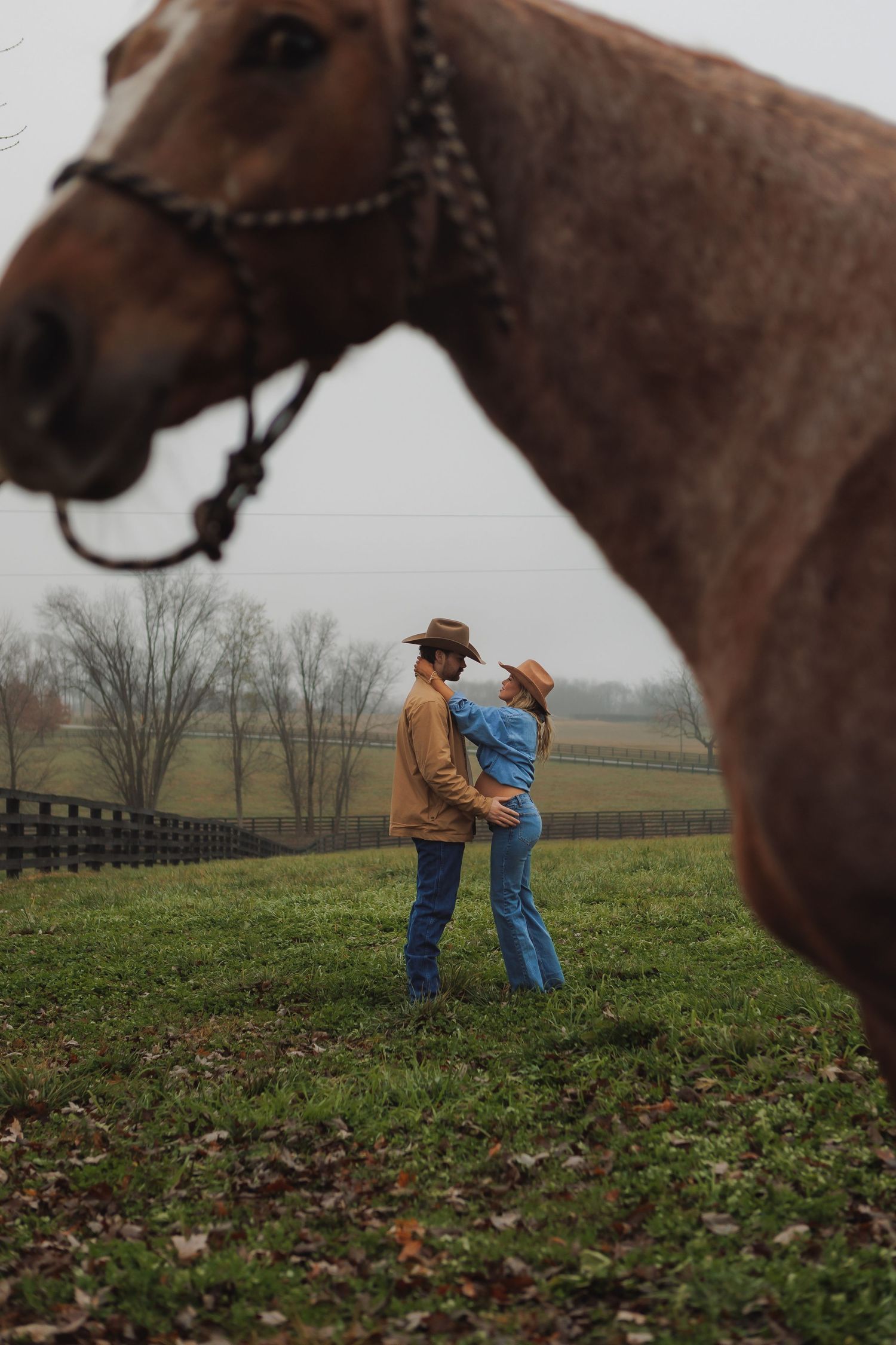 Horse stands in foreground while people gather in a field with wooden fencing.