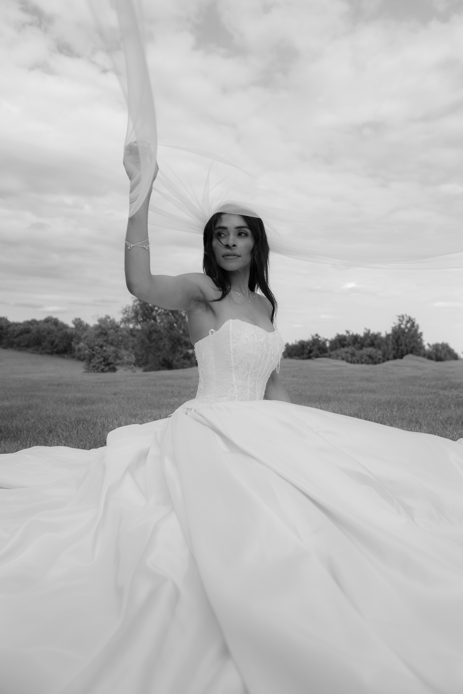 Black and white photo of a bride in a strapless gown holding her veil aloft in a scenic outdoor field.
