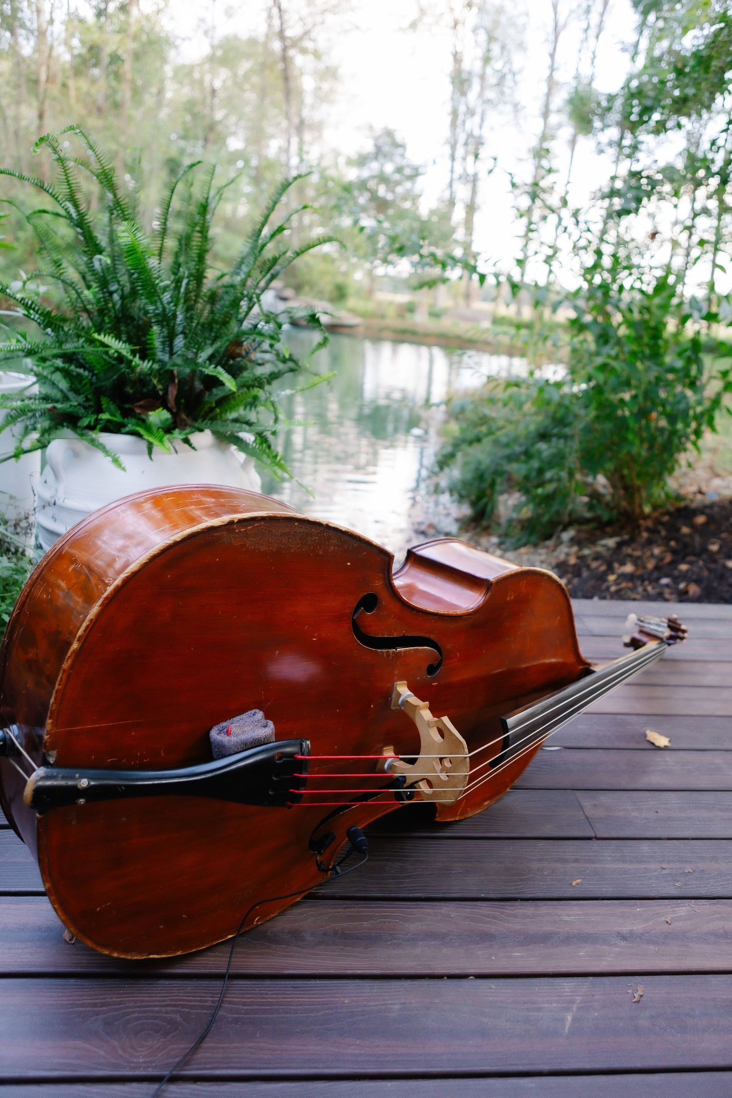 A vintage wooden violin lying on its side on a wooden deck with lush greenery in the background.