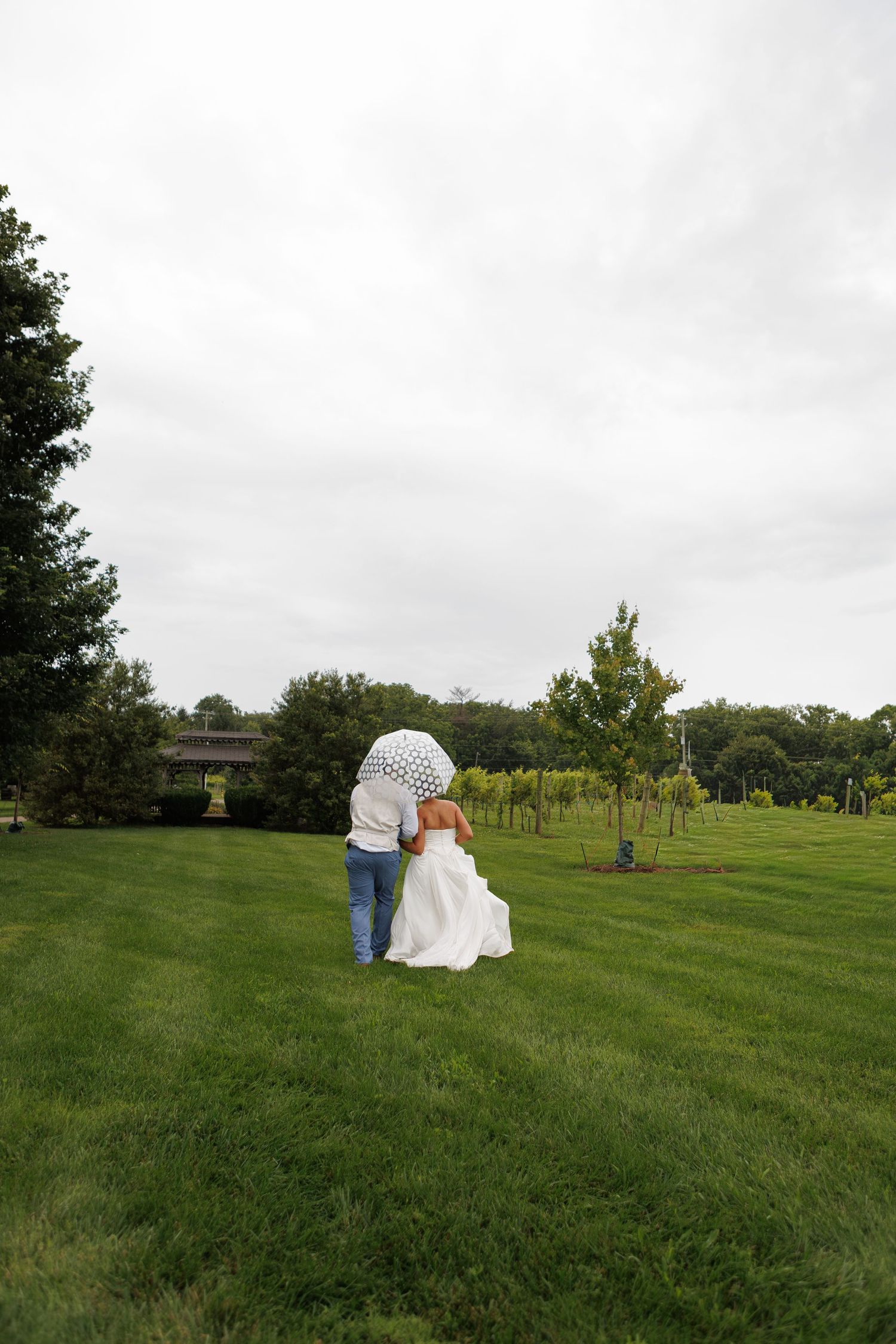 Bride and groom walking hand in hand across lush green lawn with polka dot umbrella on cloudy wedding day.