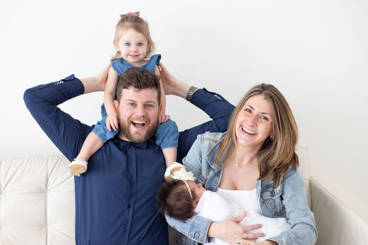 Family lifestyle photos showing playful moments on white background.