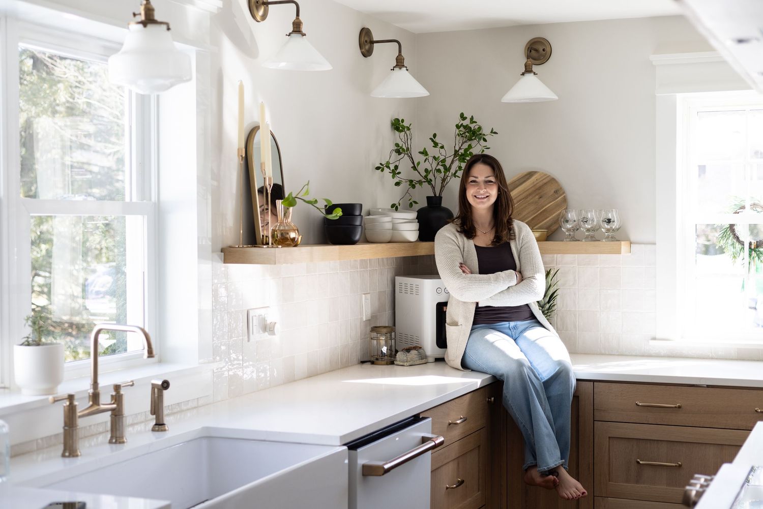 Bright and airy interior space with white walls, wood accents, and natural lighting.