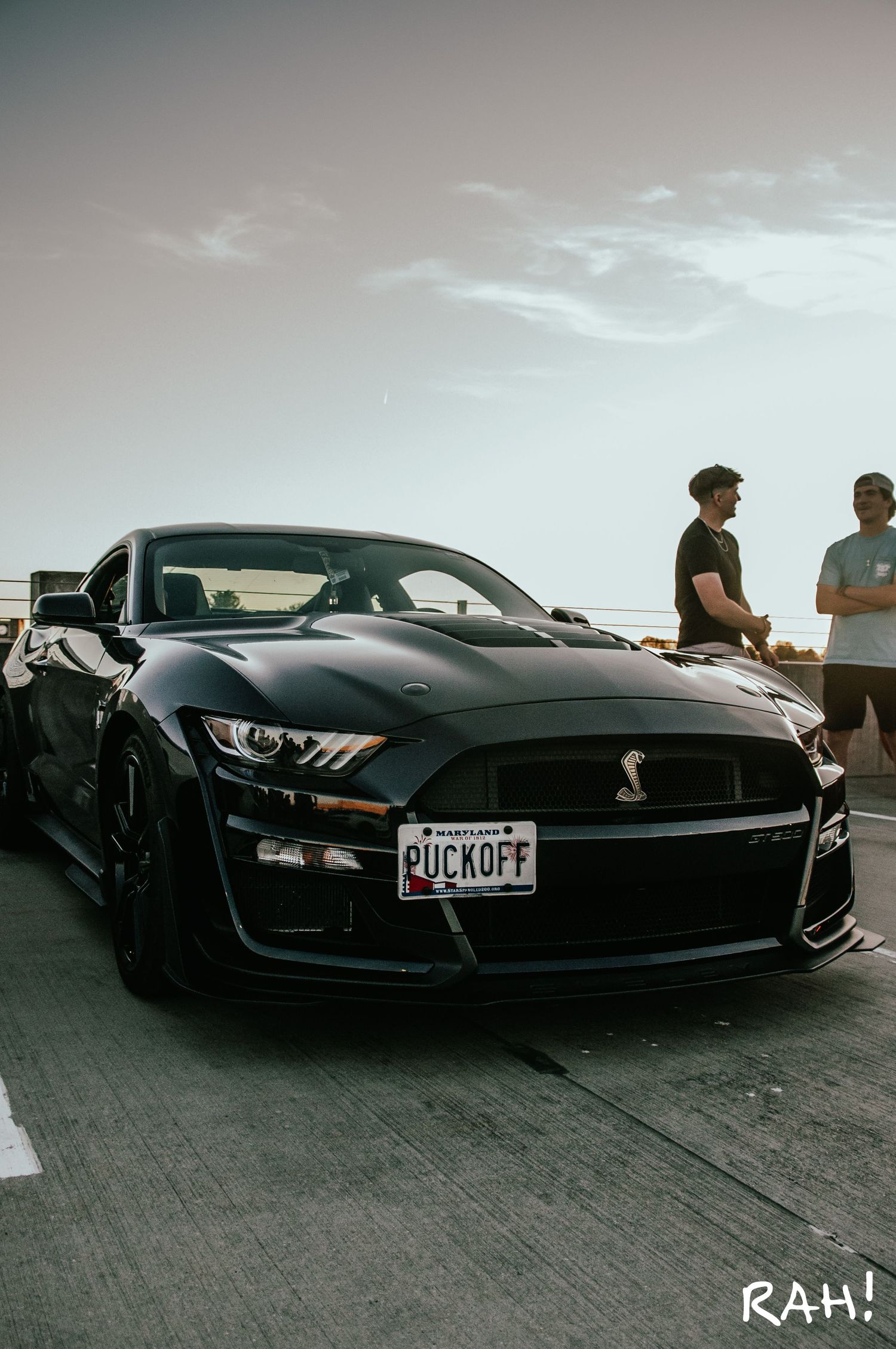 Black Ford Mustang sports car shown in multiple angles on a concrete surface with custom modifications and dark styling.