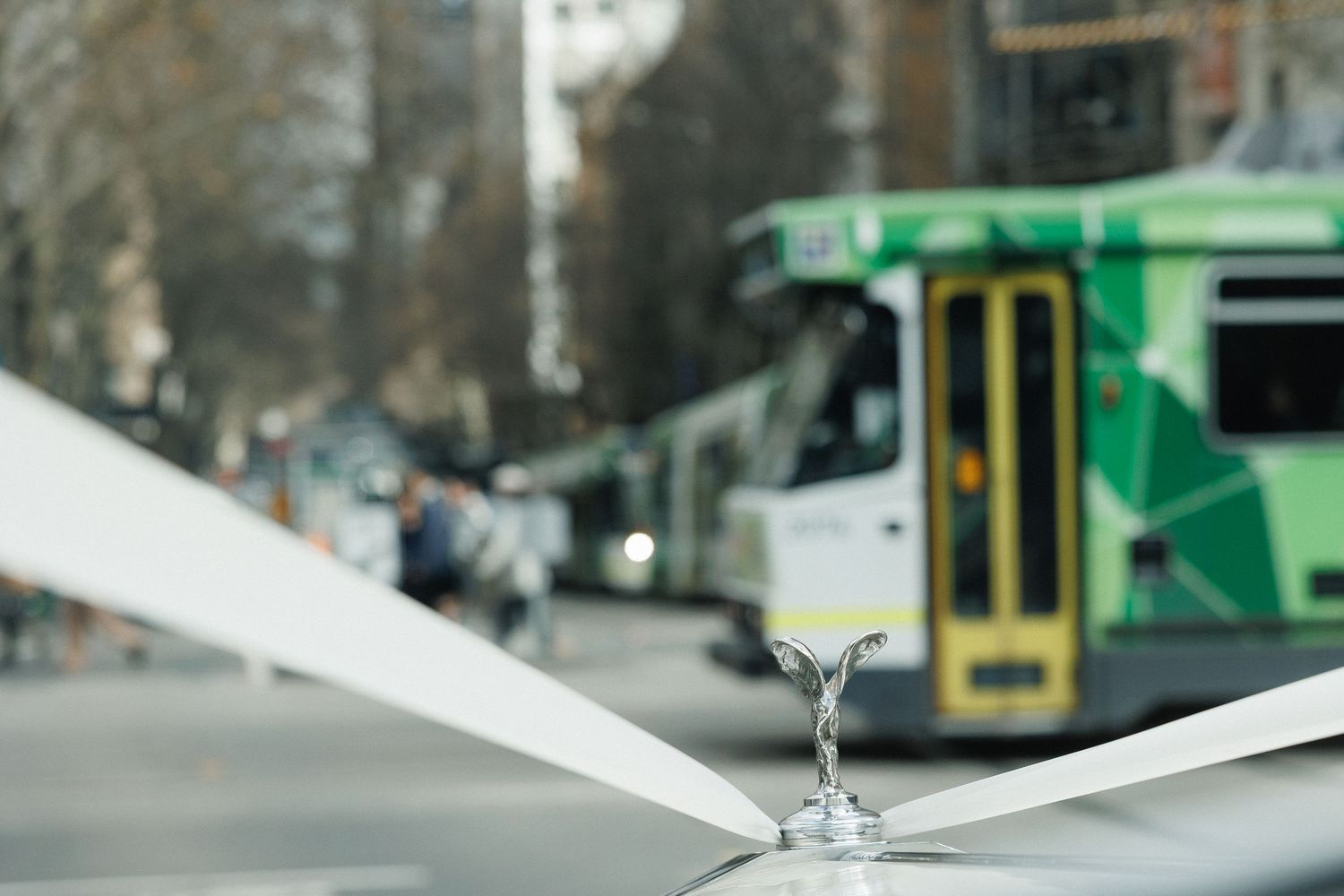 Wedding rings photographed with a Melbourne tram in the background.
